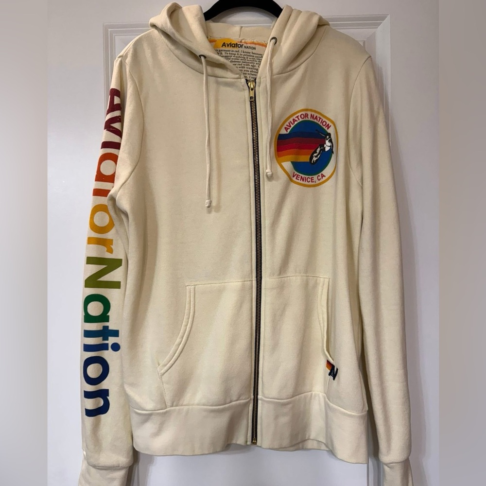 Aviator Nation Off-White Zip-Up with Multicolor Logo